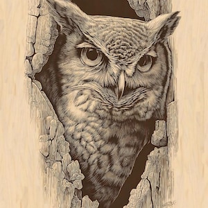 May include: Detailed sepia-toned illustration of an owl emerging from a tree trunk. The owl's face is the focal point, with intricate line work defining its feathers and piercing gaze. The artwork evokes a sense of nature and wildlife.