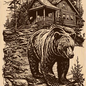 Silver Pack®! Bear & Cabin Laser Engraving File PNG_SVG_PDF_EPS, Wildlife Mountain Scene Art, LightBurn file, Xtool, Digital Download
