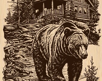Silver Pack®! Bear & Cabin Laser Engraving File: Wildlife Mountain Scene (Digital Download)