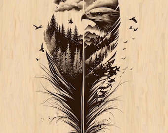 Peut inclure: Illustration détaillée d'une plume brune avec une scène de nature. La plume représente une forêt, des montagnes, des nuages et une tête d'aigle. Des oiseaux volent autour, sur un fond clair en bois.