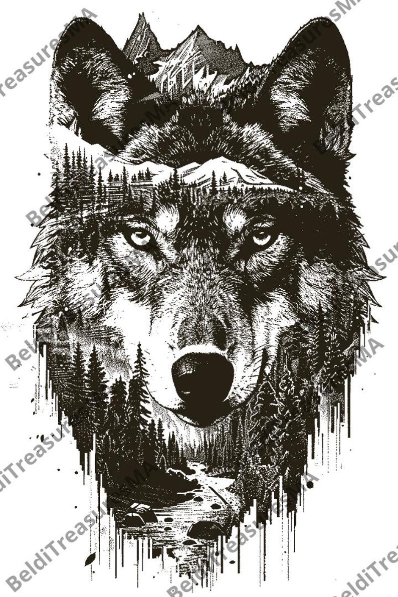 Silver Pack®! Dubbelexponering Varg laserbränningsfiler PNG_SVG_PDF_EPS, Varg digital konst, lasergraveringsfiler, Trägravyr Vargdesign bild 3