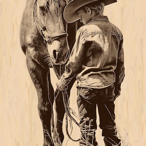 May include: Sepia-toned illustration of a young person in a cowboy hat and denim shirt, standing beside a horse. The person holds the reins, with the horse's head close. The background is a light wood grain texture, with grass at the bottom.