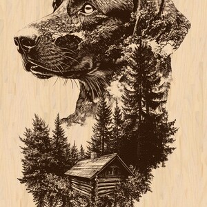 Peut inclure: Illustration sépia d'une tête de chien, avec une forêt et une cabane superposées. L'œuvre présente des traits détaillés, créant une esthétique rustique et naturelle. La cabane est nichée parmi de grands pins.