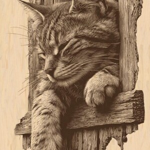May include: A sepia-toned illustration of a tabby cat resting in a wooden frame. The cat's head and front paws are visible, with its eyes closed. The wood has a rustic, weathered appearance, adding to the artwork's charm. The image evokes a sense of peace.
