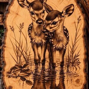 Puede incluir: Un rodaja de madera circular con una ilustración detallada de pirograbado de dos cervatillos manchados de pie en agua poco profunda. La obra muestra a los ciervos jóvenes con hierbas altas y nenúfares, reflejados en el agua ondulante.
