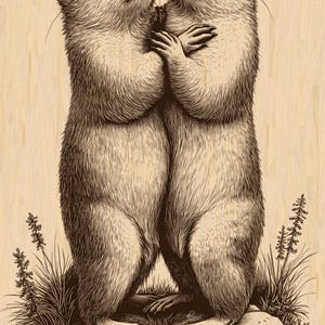 May include: A sepia-toned illustration depicts two prairie dogs embracing on a rock. The prairie dogs are detailed with fur and stand upright, their arms crossed. The background features grass and a light wood grain texture.