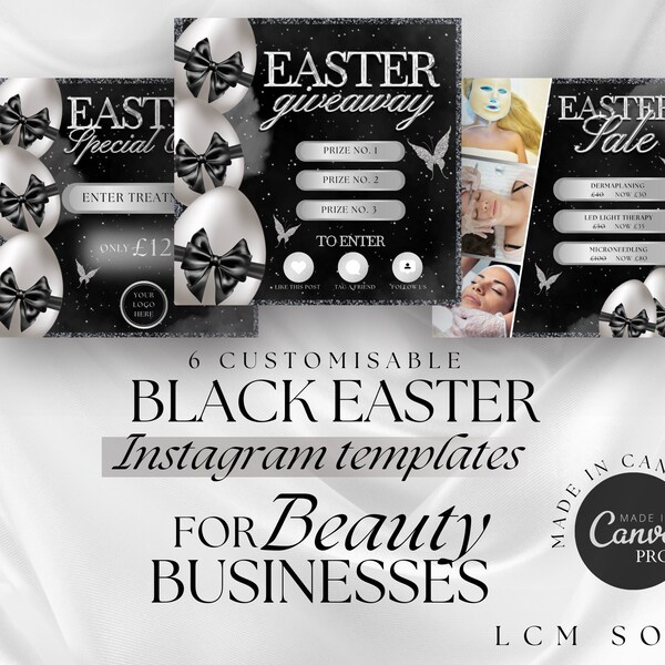 Easter Social Media Templates, Black & Silver, Editable Canva Bundle, Beautician Instagram Templates, Luxury Beauty Branding