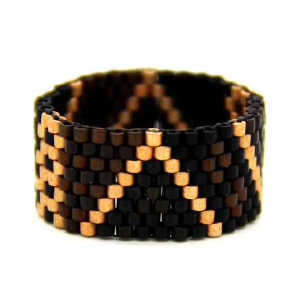 Miyuki Delica glass bead ring in gold, black and brown shades, woven wide band ring Peyote flexible bead ring Ethno #056 Formina