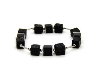 Lava onyx cube bracelet in black with stainless steel elements