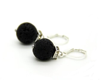Lava ball stainless steel earrings in black with glittering, silver-plated metal elements, suspended element, jewelry, earrings #105 Icelle
