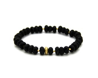 Lava lens bracelet (elastic) in black with gold-plated real silver lens and cylinder, elegant lava jewelry, accessory #100 LaDoro