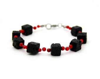 Lava cube bracelet in black with red colored coral balls