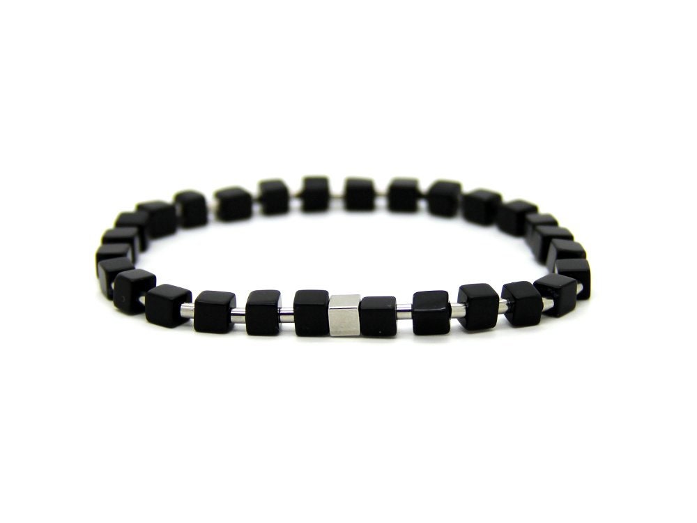 Onyx cube bracelet (elastic) in black with silver-colored stainless steel elements, gemstone jewelry, subtle accessory #126 Stelian