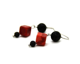 Coral cube stainless steel ear hooks in orange red with black lava balls, suspended element, hanging earring jewelry accessory #230 Koralie