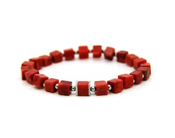 Korallen-Würfel-Armband (elastisch) in Orangerot mit Edelstahl-Scheiben und kleinen -Kugeln, Korallenschmuck, Accessoire #087 Koraljka