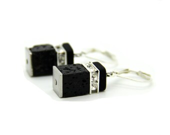Lava cube stainless steel earrings in black with stainless steel and glittering, silver-plated metal elements, hanging earring #118 LavaMeetsTwinkle