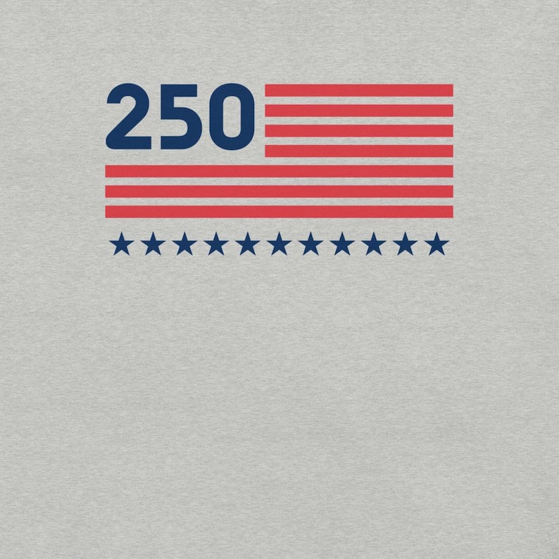 K&ouml;nnte beinhalten: Ein Grafikdesign mit der Zahl "250" in Marineblau, &uuml;ber einem rot-wei&szlig; gestreiften Flaggenmuster mit einer Reihe marineblauer Sterne darunter. Der Hintergrund ist einfarbig hellgrau.