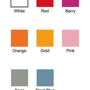 K&ouml;nnte beinhalten: Bild mit einer Farbpalette mit neun Quadraten. Die Farben sind Wei&szlig;, Rot, Beere, Orange, Gold, Rosa, Salbei und Stahlblau. Unter jedem Quadrat steht der Name der Farbe.