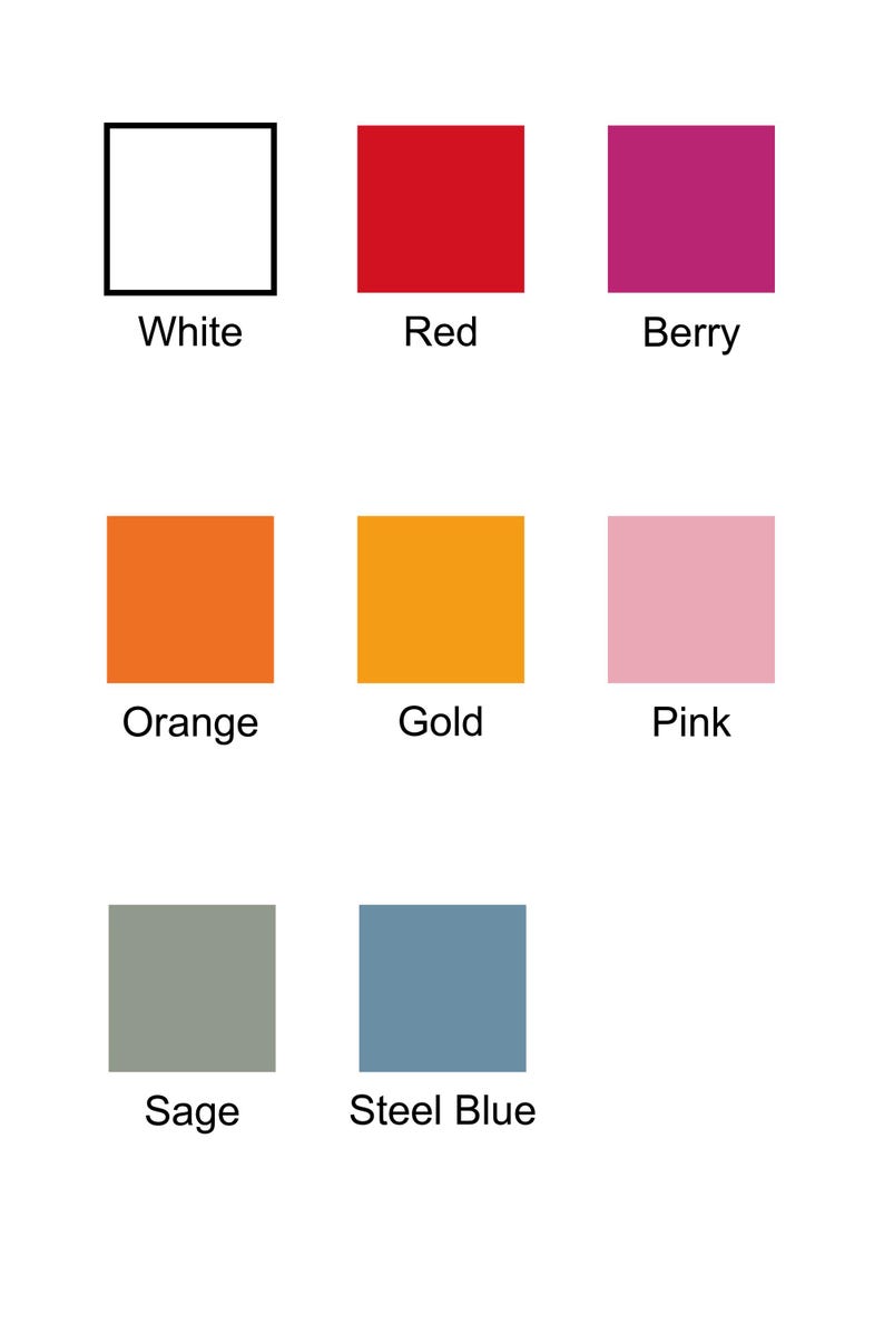 K&ouml;nnte beinhalten: Bild mit einer Farbpalette mit neun Quadraten. Die Farben sind Wei&szlig;, Rot, Beere, Orange, Gold, Rosa, Salbei und Stahlblau. Unter jedem Quadrat steht der Name der Farbe.