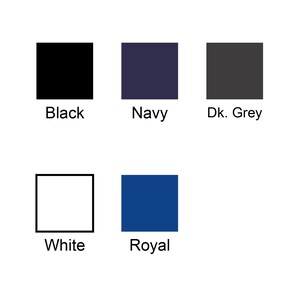 May include: A color palette featuring five solid color swatches: black, navy, dark grey, white, and royal blue. Each color is displayed in a square with the color name below it.