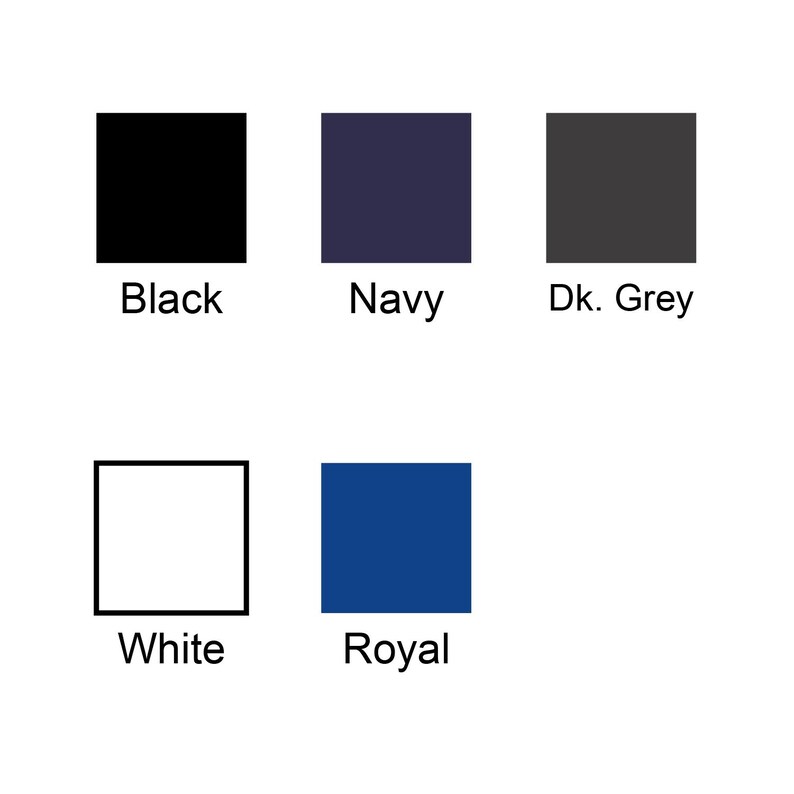 May include: A color palette featuring five solid color swatches: black, navy, dark grey, white, and royal blue. Each color is displayed in a square with the color name below it.