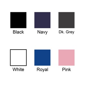 May include: A color palette featuring six solid color swatches: black, navy, dark grey, white, royal blue, and pink. Each color is displayed in a square with the color name below it.