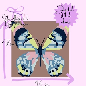 May include: A digital stitch chart for needlepoint featuring a butterfly design. The butterfly has blue, pink, yellow, and black pixelated wings. The chart measures 4.7 inches by 4.6 inches. Text on the image reads "Needlepoint By Megan" and "Digital stitch chart."
