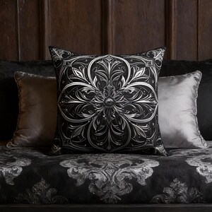 Silver Filigree Throw Pillow 2: Medieval Pattern Polyester Cushion