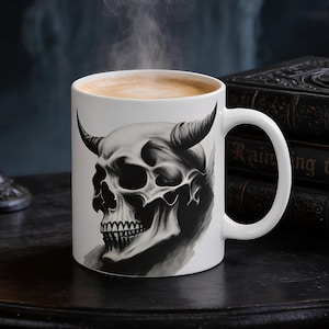 Horned Skull Coffee Mug – Devilish White Ceramic Teacup (11oz) – Double-Sided Print