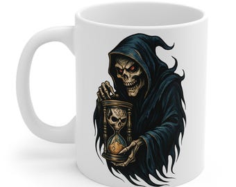 Time&#39;s Up Grim Reaper Coffee Mug, 11oz White Mug, Ceramic Mug, Coffee, Tea