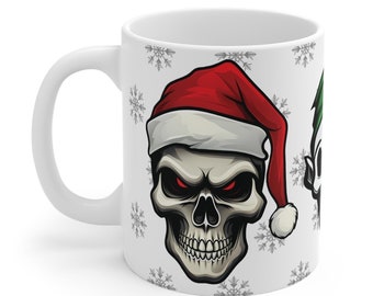 Christmas Santa and Elf Skulls White Mug 11oz, Skull Mug, Ceramic Mug, Coffee, Tea