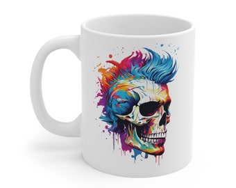 Mohawk Skull White Mug 11oz, Skull Mug, 11oz Ceramic Mug, Tea, Skull