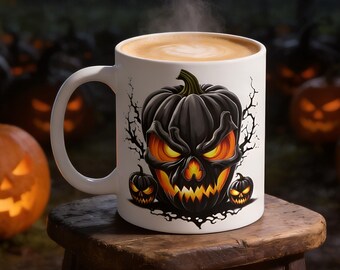 Dämonen-Kürbis-Trio, Halloween-Becher: gruselige weiße Keramik-Kaffeetasse (11 Unzen), doppelseitiger Druck