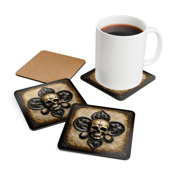 Coaster - Sugar Skull - SET OF 2 - Leather or Stitched Cork Coaster - Sugar Skull - SET OF 2 - Leather or Stitched Cork