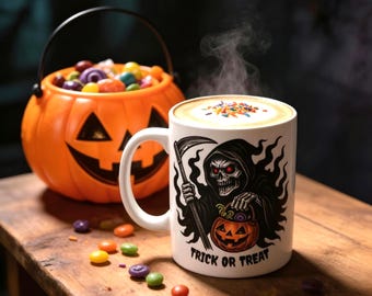 Grim Reaper Halloween Mug – Trick or Treat Skull Coffee Cup (11oz), Double-sided Print