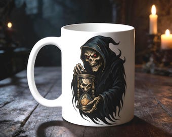 Grim Reaper Coffee Mug: Gothic Skeletal Art Ceramic Chalice (11oz), Double-sided Print