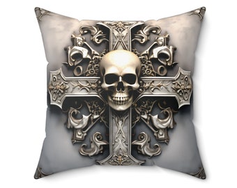 Silver Medieval Cross with Skull Throw Pillow, Skull Pillow, Silver/Gray, Spun Polyester Square Pillow, 4 sizes, Hidden Zipper