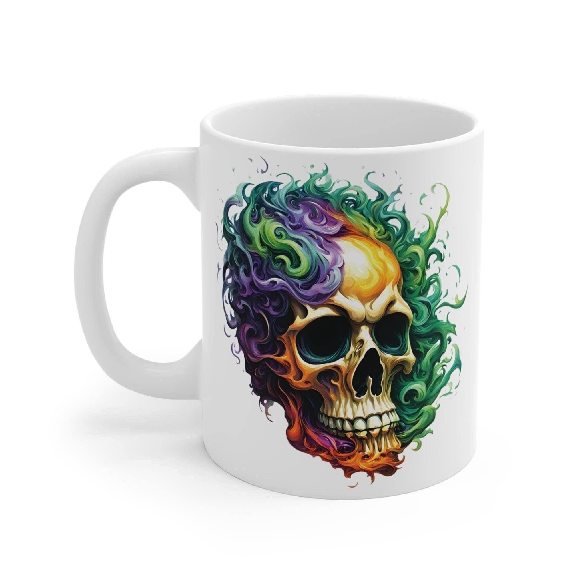 Enshrouded Skull Multicolor White Mug 11oz, Skull Mug, Ceramic Mug, Coffee, Tea