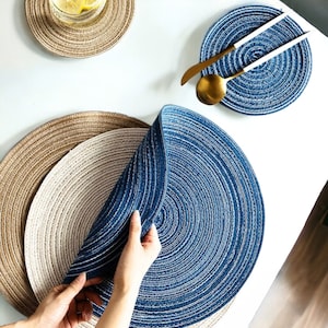 Round Linen Placemat & Coaster | Dinner Table Mats, Boho Fabric Table Mat, Circle Woven Placemat and Coaster, Kitchen Countertop, Home Decor