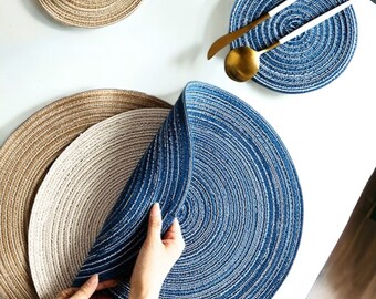 Round Linen Placemat & Coaster | Dinner Table Mats, Boho Fabric Table Mat, Circle Woven Placemat and Coaster, Kitchen Countertop, Home Decor