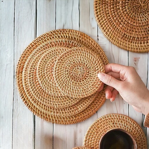 Rattan Coaster | Woven Round Coaster, Dinner Table Mats, Heat Resistant, Kitchen Table Mats, Wicker Coaster, Boho Table Decoration Gifts