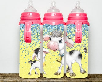 May include: Three pink baby bottles with yellow and blue glitter designs. Each bottle features a different cartoon cow and calf illustration.