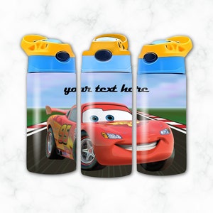 May include: Three red, blue, and yellow water bottles with a cartoon image of a red race car on a race track. The text "your text here" is printed on the bottles.