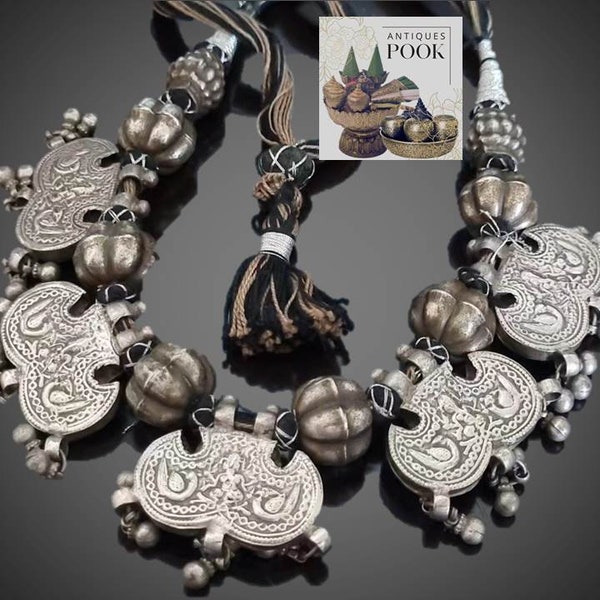 Antique Necklace with Traditional Ganesha from Rajasthan - India, From 1800's - High Quality Silver.