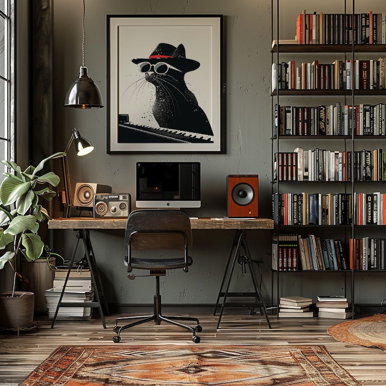 Cool Cat Jazz Piano Poster Jazzy Cat Poster Cart Art Gift for Cat Lover