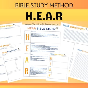 May include: Printable Bible study worksheets with the acronym HEAR, which stands for Highlight, Explain, Apply, and Respond. The worksheets are designed to help you study the Bible in a more in-depth way.