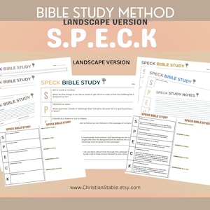 May include: A collection of printable Bible study worksheets with the title "BIBLE STUDY METHOD LANDSCAPE VERSION S.P.E.C.K." The worksheets are white with black text and a light peach background. The website address www.ChristianStable.etsy.com is visible.