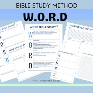 Op de afbeelding: Printbare werkbladen voor de Bijbelstudiemethode met het acroniem "W.O.R.D."  De werkbladen zijn ontworpen om u te helpen de Bijbel te bestuderen door te focussen op het Woord, Observaties, Relevantie en Verklaring.