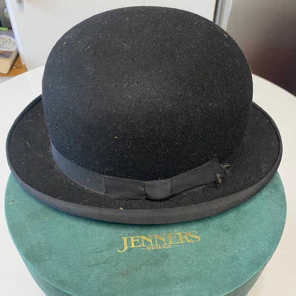 Vintage bowler hat by Simpson Piccadilly, Burlington black, Size 7, in Jenners Edinburgh hat box, 1970's