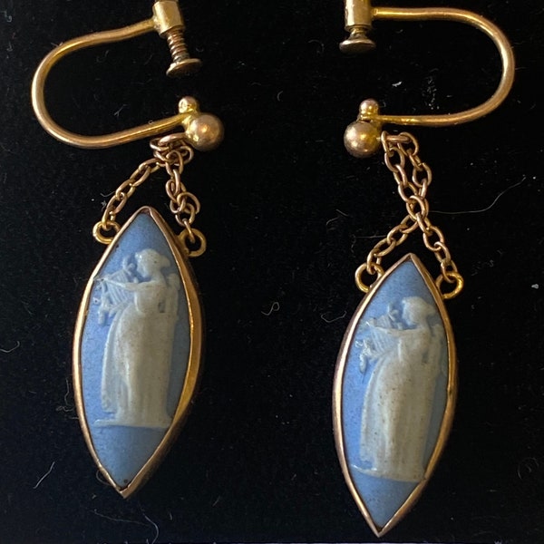 9 ct gold Edwardian Wedgwood earrings, screw backs, blue and white jasperware, Diana the Huntress, c.1920's, very rare